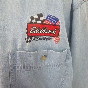 90s Lee Denim Coll Edelbrock Denim Shirt Mens XL Embroidered Button Up Long Slv